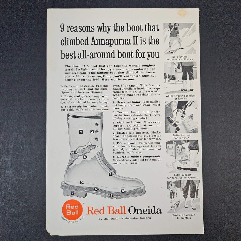 1964 Red Ball Oneida Brand Boots Vintage Print Ad Mishawaka IN Mountain Climbing